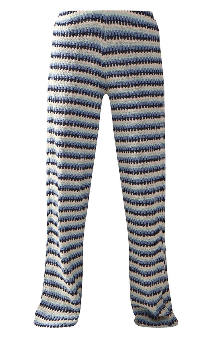 Bleu Pantalon Droit En Crochet À Rayures Ensemble Coordonné