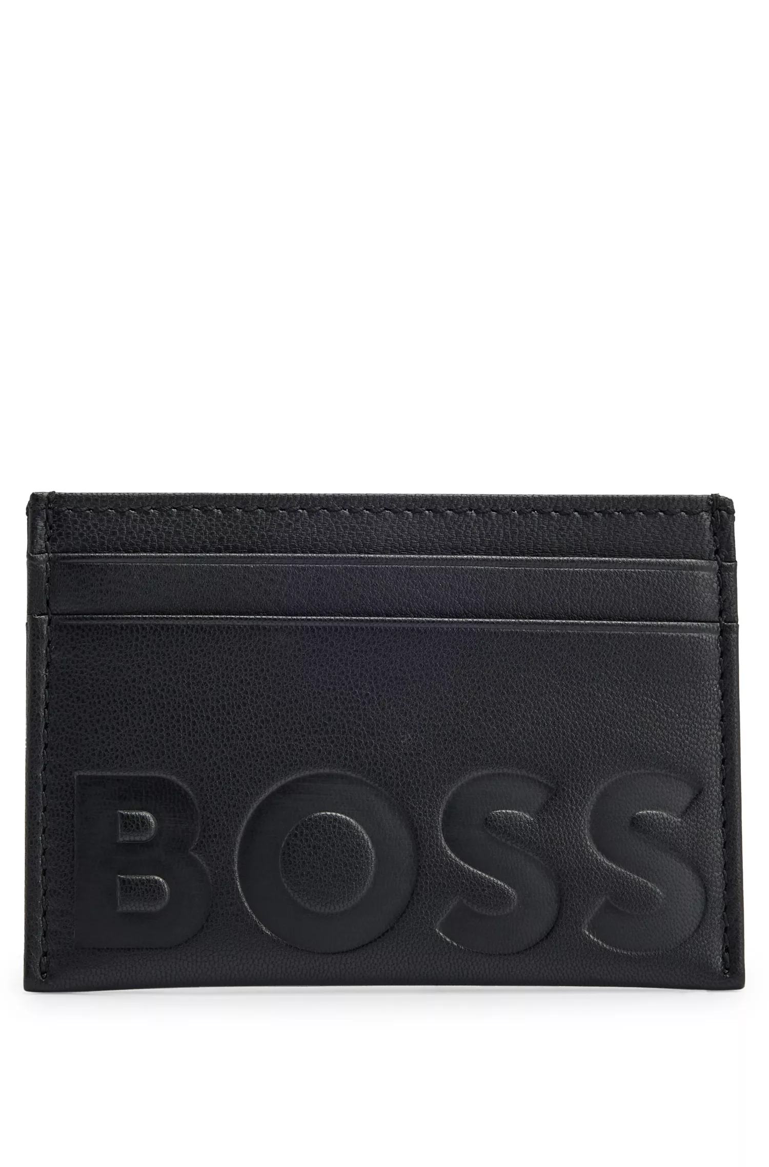Porta-cartões BOSS em couro granulado preto com logotipo em relevo.