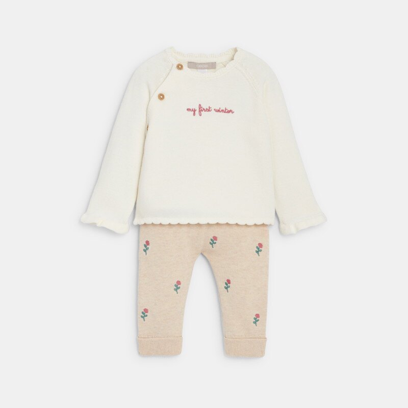 Pull et pantalon maille tricot brodée rose bébé fille Beige