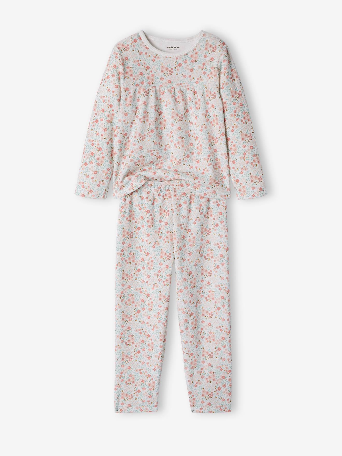Conjunto de 2 pijamas de veludo com estampa floral, lisos em bege claro, para meninas.
