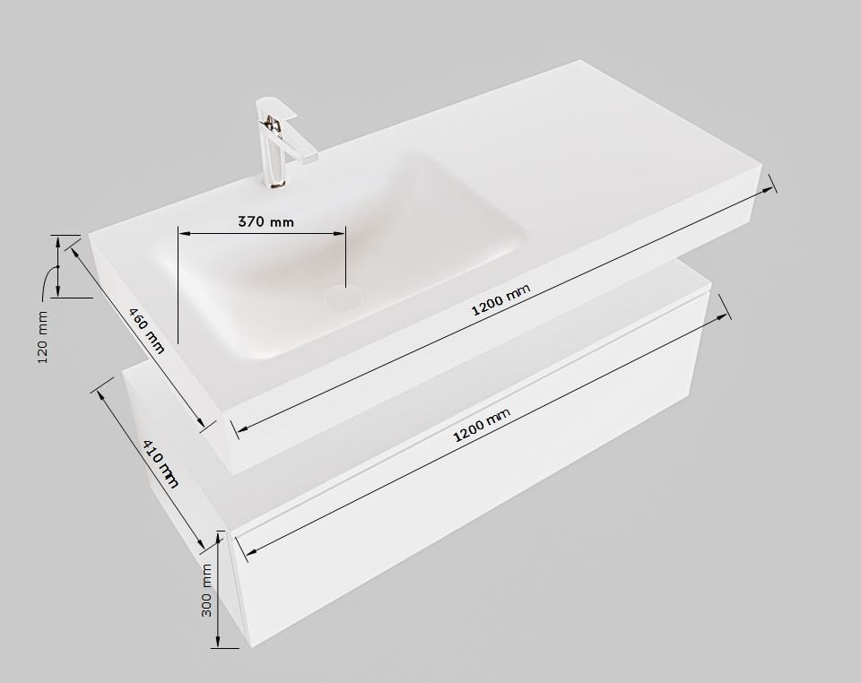 Zaro ALAN vrijhangende wastafel 120cm met wasbak Enkel links en onderkast in kleur Wit mat  2 lade(s)