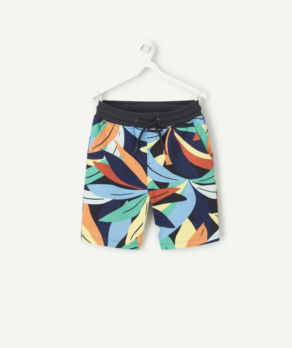 bermuda garçon en coton biologique bleu marine imprimé tropical coloré