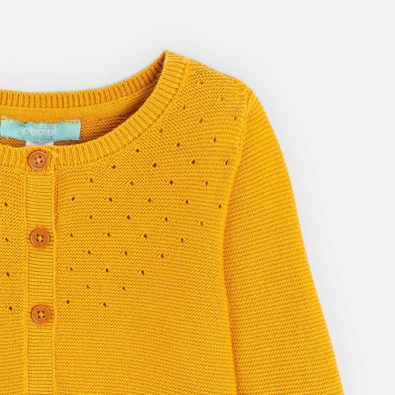 Gilet maille tricot effet pointelle jaune bébé fille