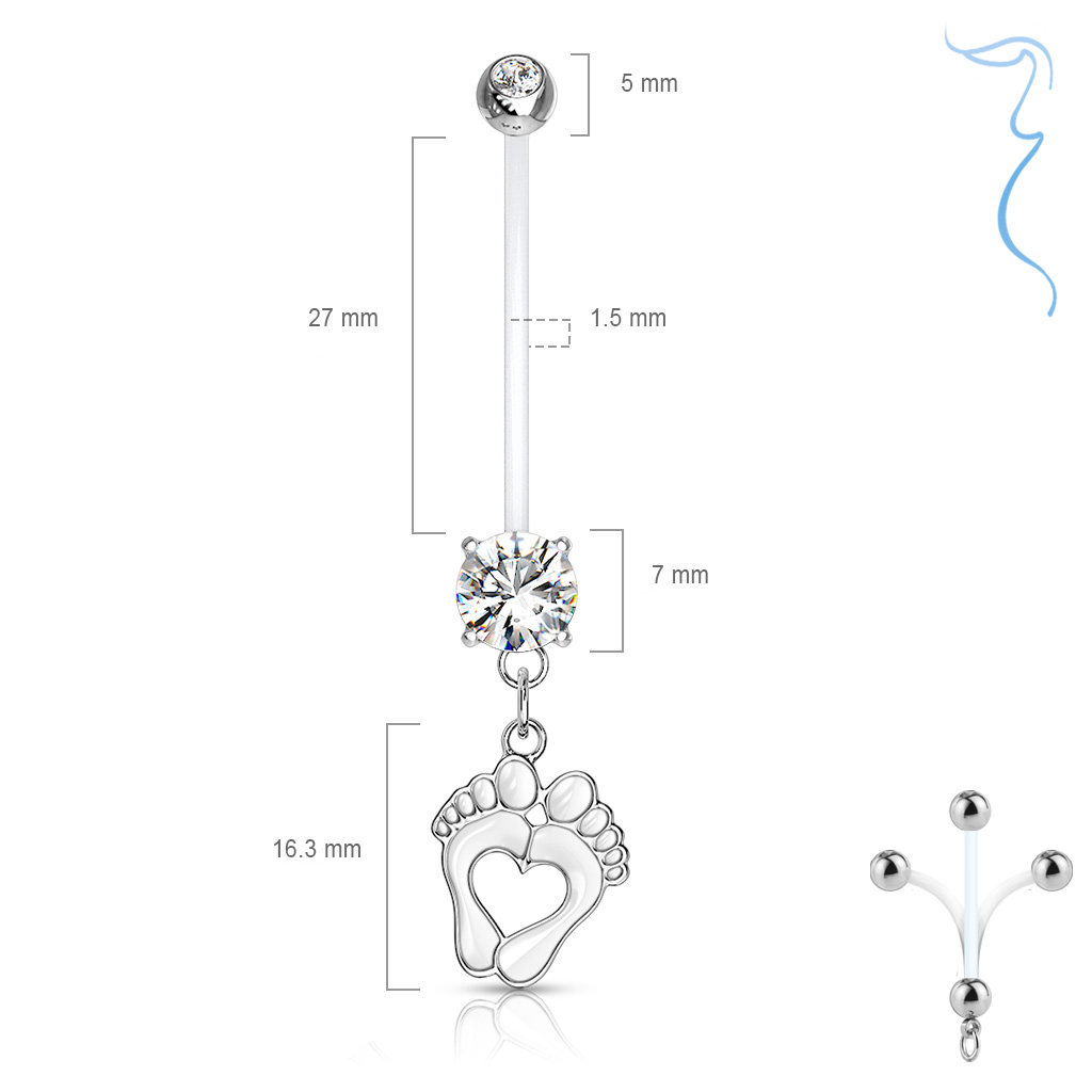 (25mm) Bioflex Schwangerschafts Bauchnabelpiercing Baby Füsse mit Herz - Silber / Weiss