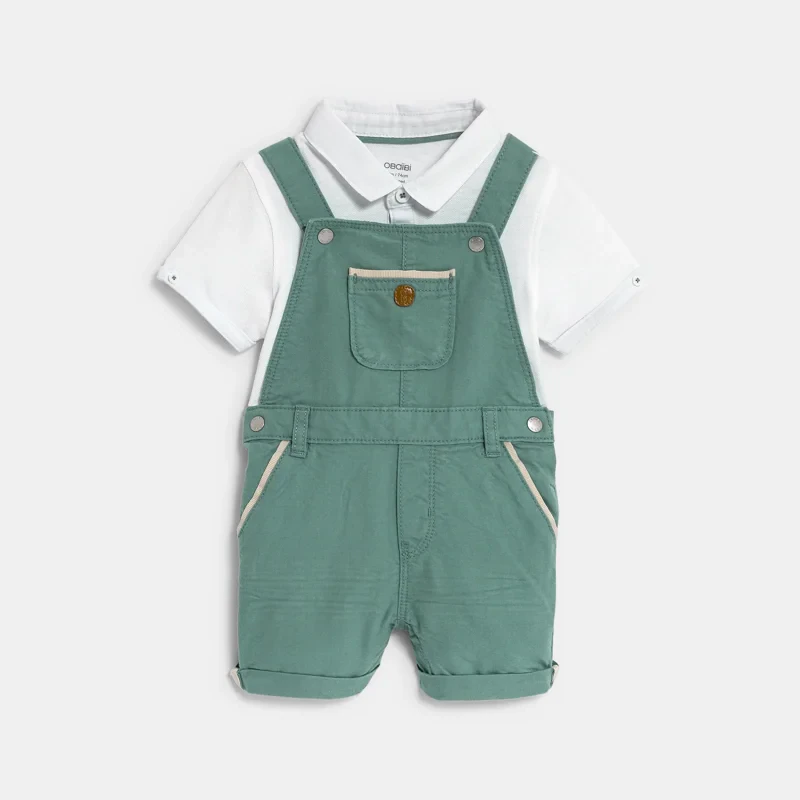 Salopette courte verte et polo maille piquée blanc bébé garçon Vert