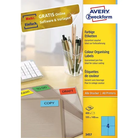 Avery Zweckform 3457 Farbige Etiketten,A4 105 x 148 mm, 100 Bogen/400 Etiketten, blau