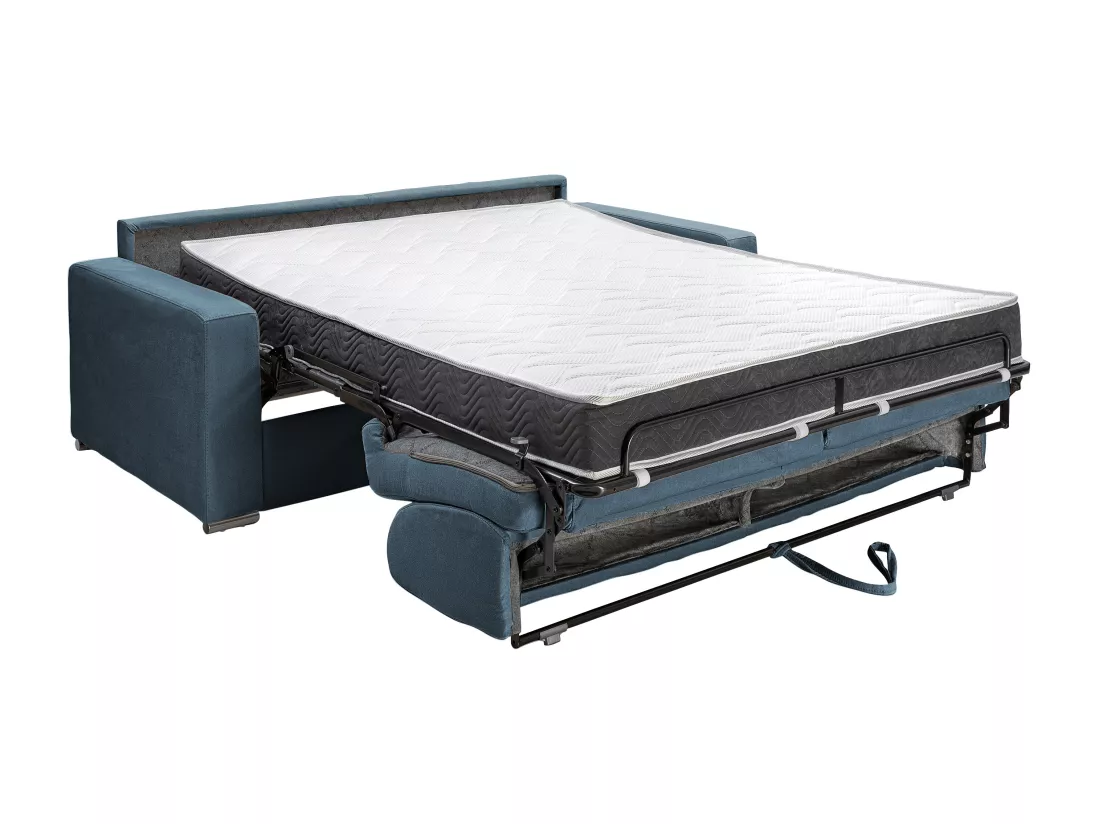 Canapé 2 places convertible express en velours bleu nuit - Couchage lattes larges 120 cm - Matelas 18 cm avec mémoire de forme CALITO