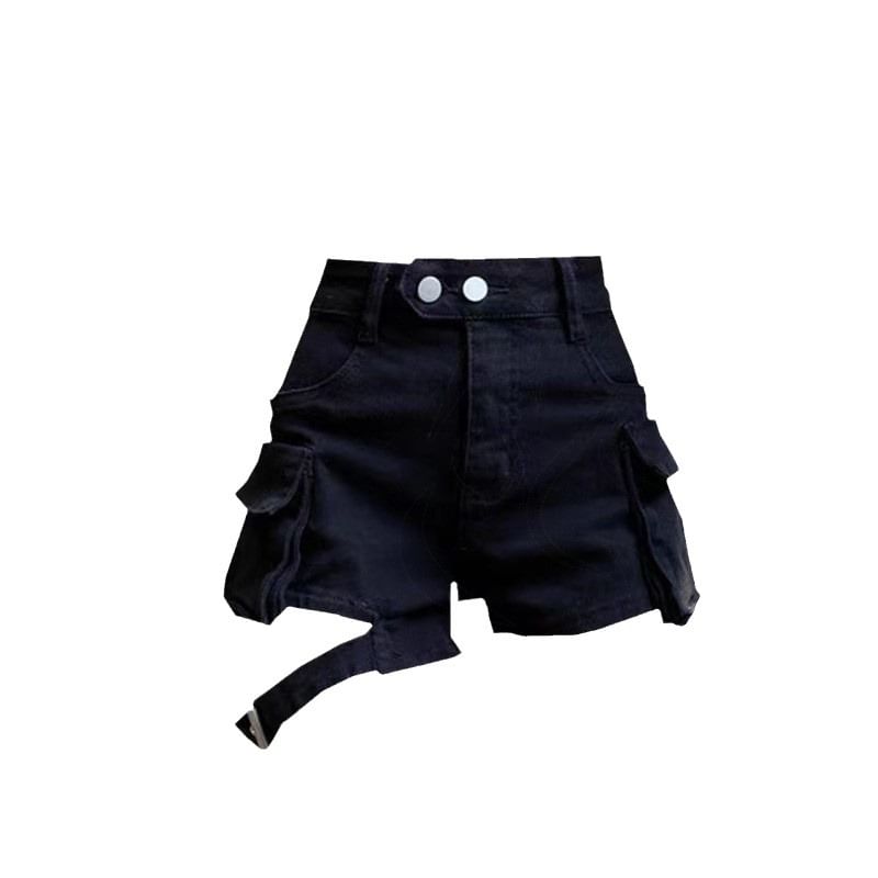 Wisjam - Hoge taille, effen denim cargoshorts met wijde pijpen en uitsparingen