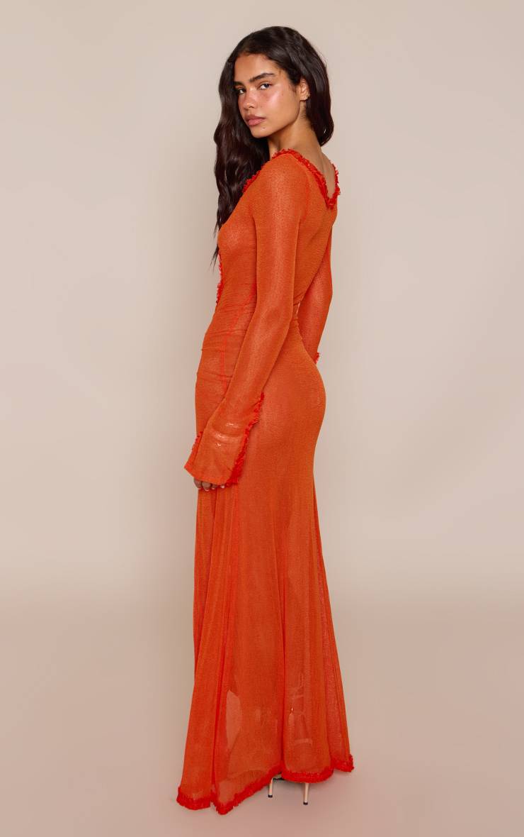 Orange Robe Longue Moulante En Maille Texturée À Manches Longues Et Découpes