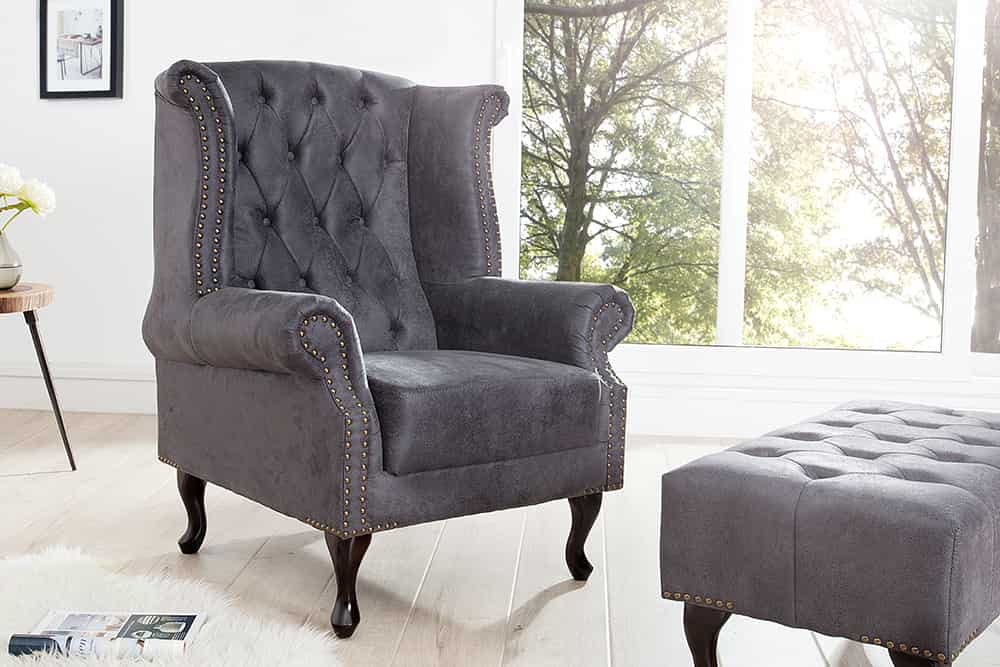 Chesterfield Ohrensessel antik grau Microfaser mit Knopfheftung