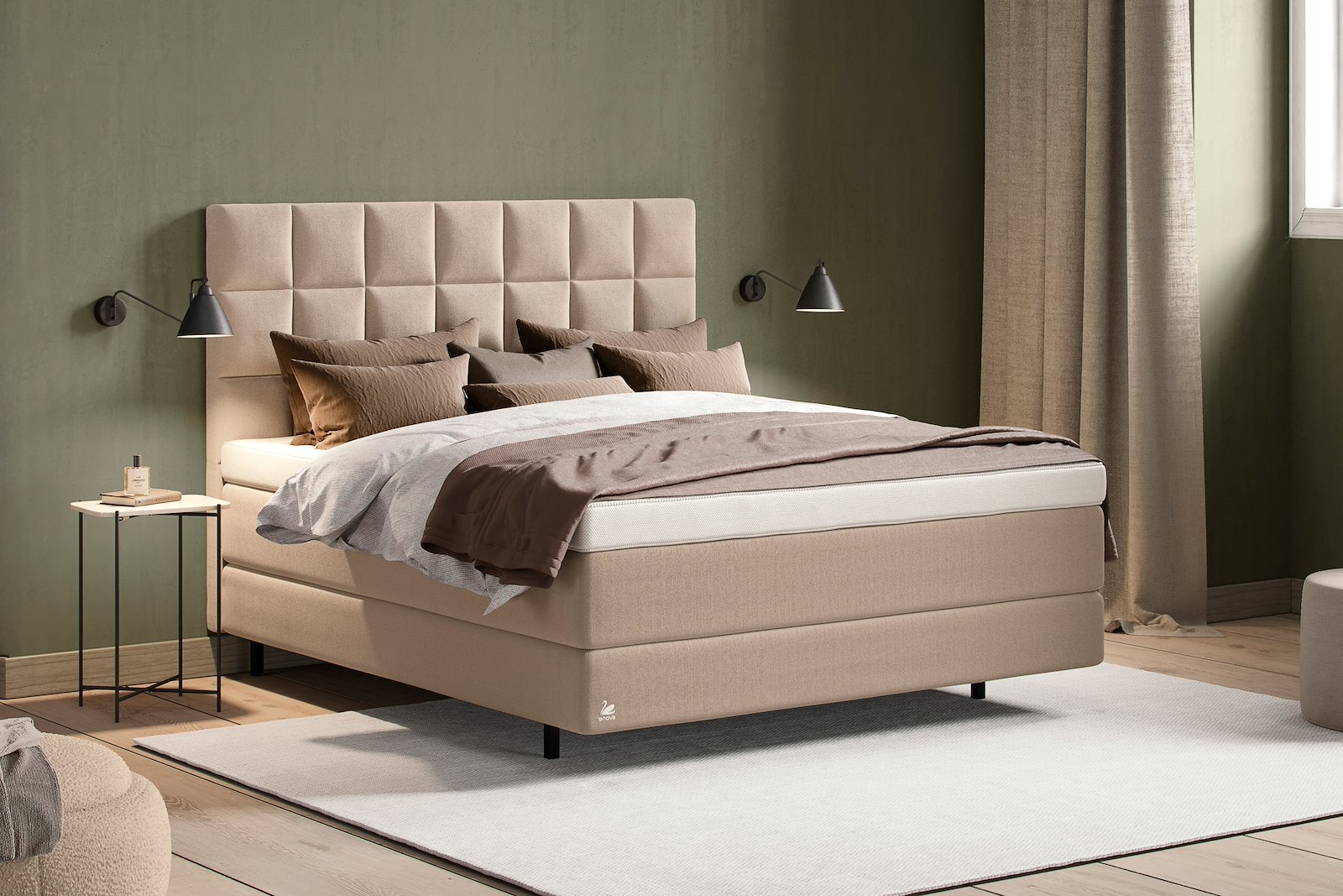Zilva Kontinentalseng 180x200 Tekstil Moment Beige, Heaven Duo® overmadrass og Floating ben, Sengegavl selges separat.