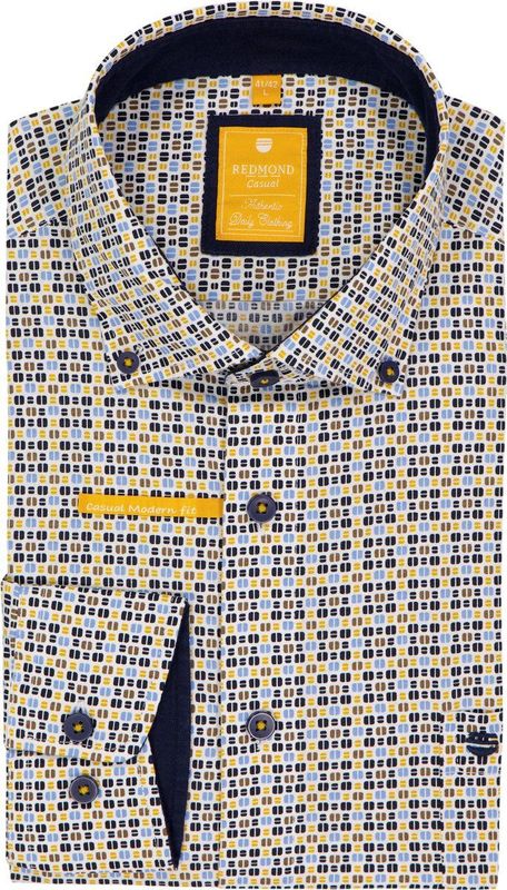 Redmond - Overhemd - Geel/Blauw - Bedrukt - Lange Mouw - 100% Katoen - Poplin
