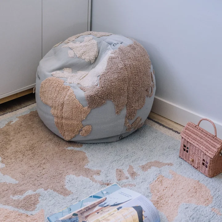 Lorena Canals - World Map Pouf, Ø 50 cm, hellblau / beige