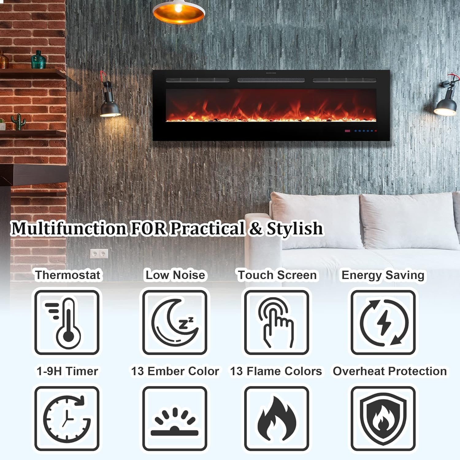 Elektrokamin Wandmontage, 13 Farbmodi LED flammeneffekt, 152 cm Kamin Heizung Glas-Touchscreen und Fernbedienung,1500W(60
