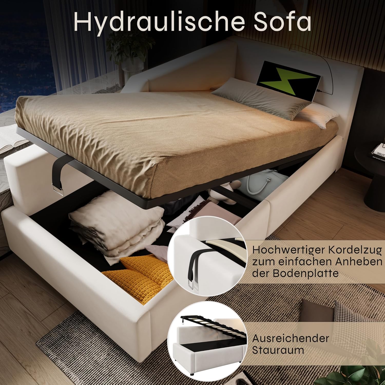 ANIROY Polsterbett, Tagesbett, Daybett, Schlafsofa mit Hydraulischem Stauraum, Lese-LED und USB-C-Ladefunktion, Kinderbett, Jugendbett, Bettgestell mit Lattenrost aus Holz, Samt (Beige, 90 x 200)
