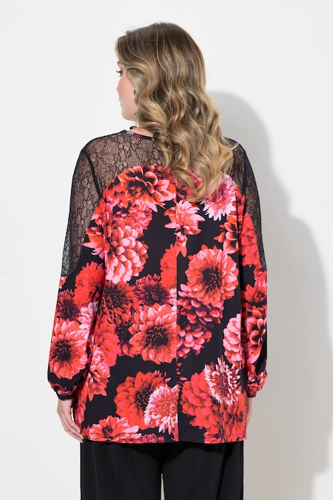Bluse, A-Linie, Blütenmuster, Mesh-Einsätze