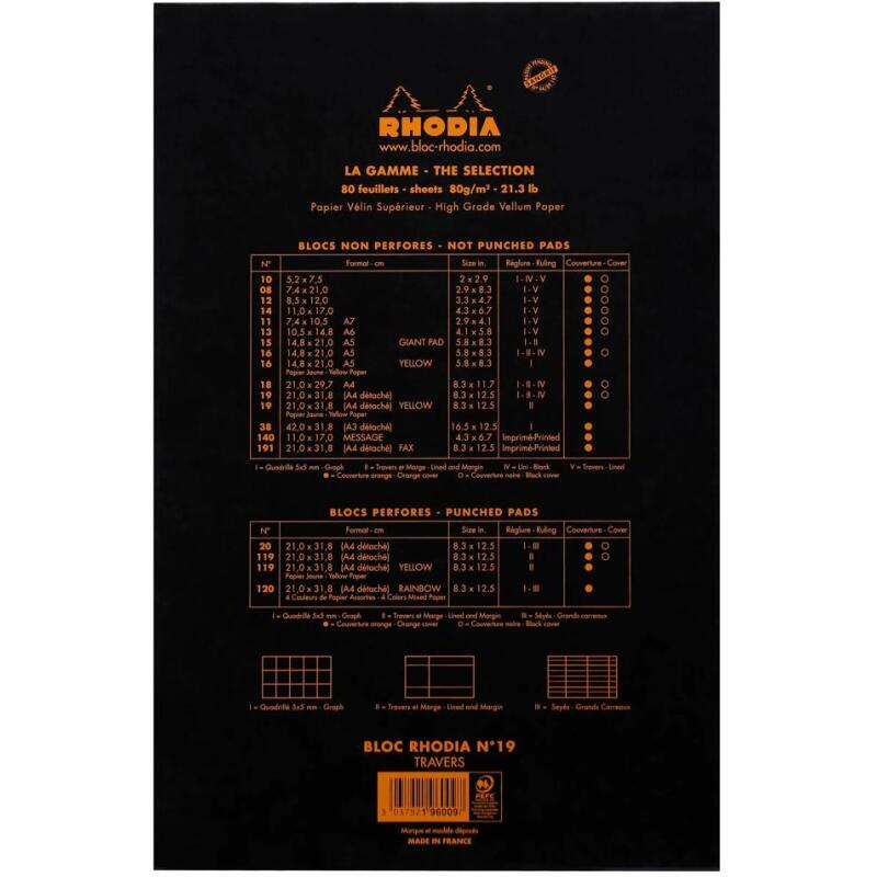 Bloc agrafé N°19 A4+ 80 feuilles lignées + marge 80 g. - Noir