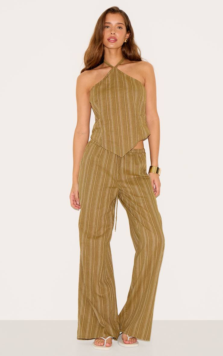 Kaki Pantalon En Coton À Rayures Fines Avec Taille Nouée Coordonné