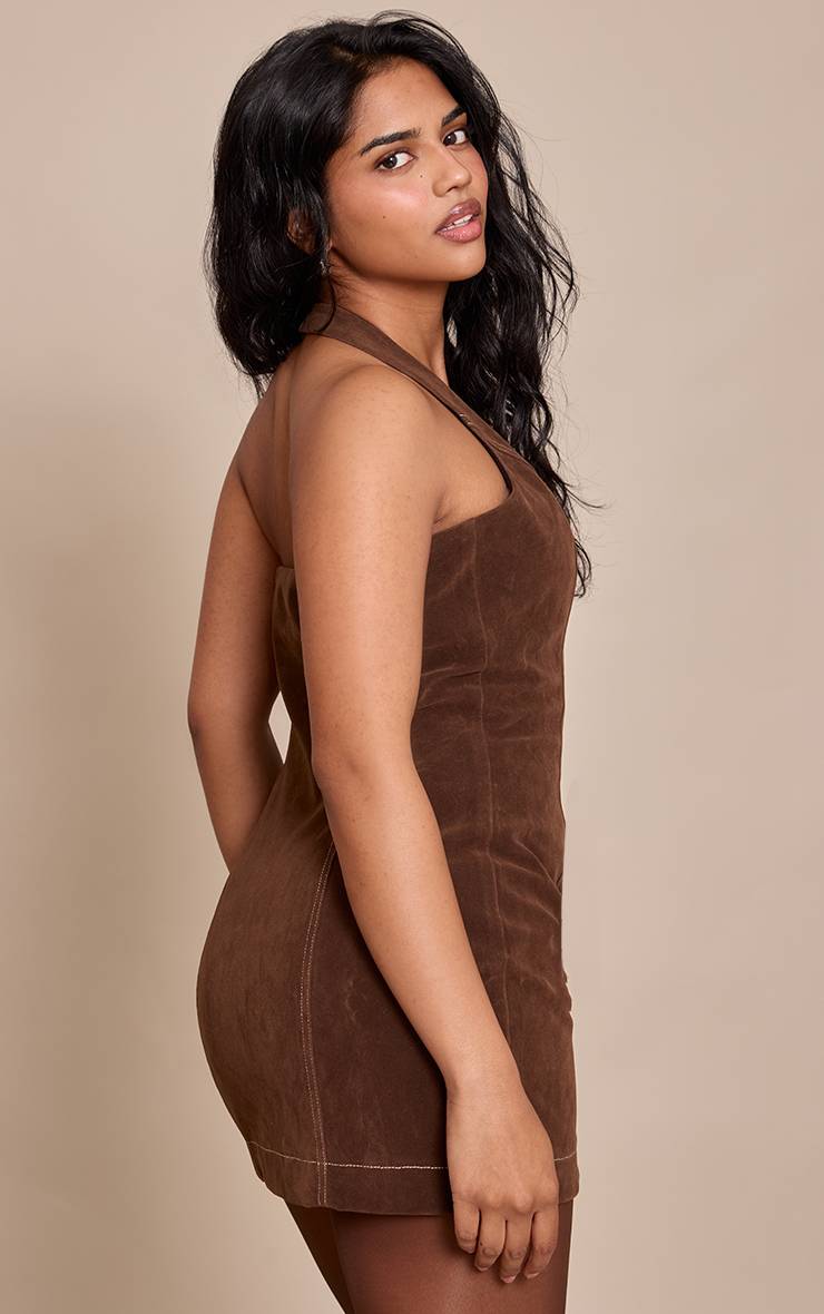 Chocolat Robe Mini Ajustée En Synthétique À Col Licou Petite