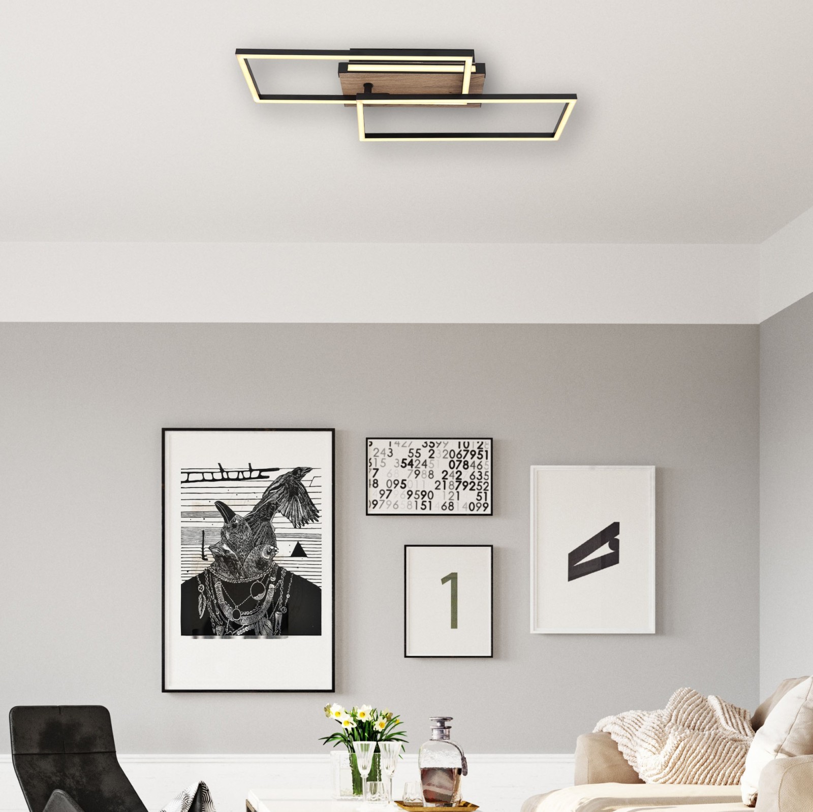 LED-Deckenleuchte - schwarz-holzfarben - 60 cm