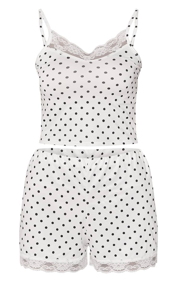Blanc Ensemble Pyjama Court À Pois Avec Bordure En Dentelle