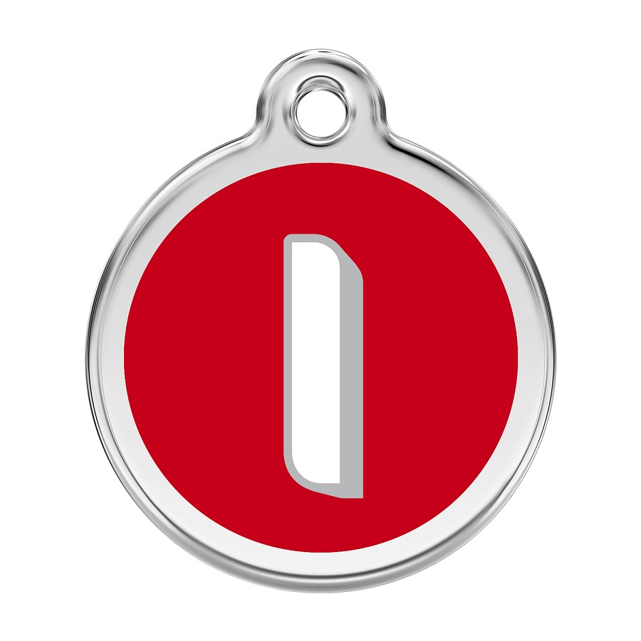 Placa de identificação para cães em aço inoxidável esmaltado com a letra I do alfabeto, vermelha.