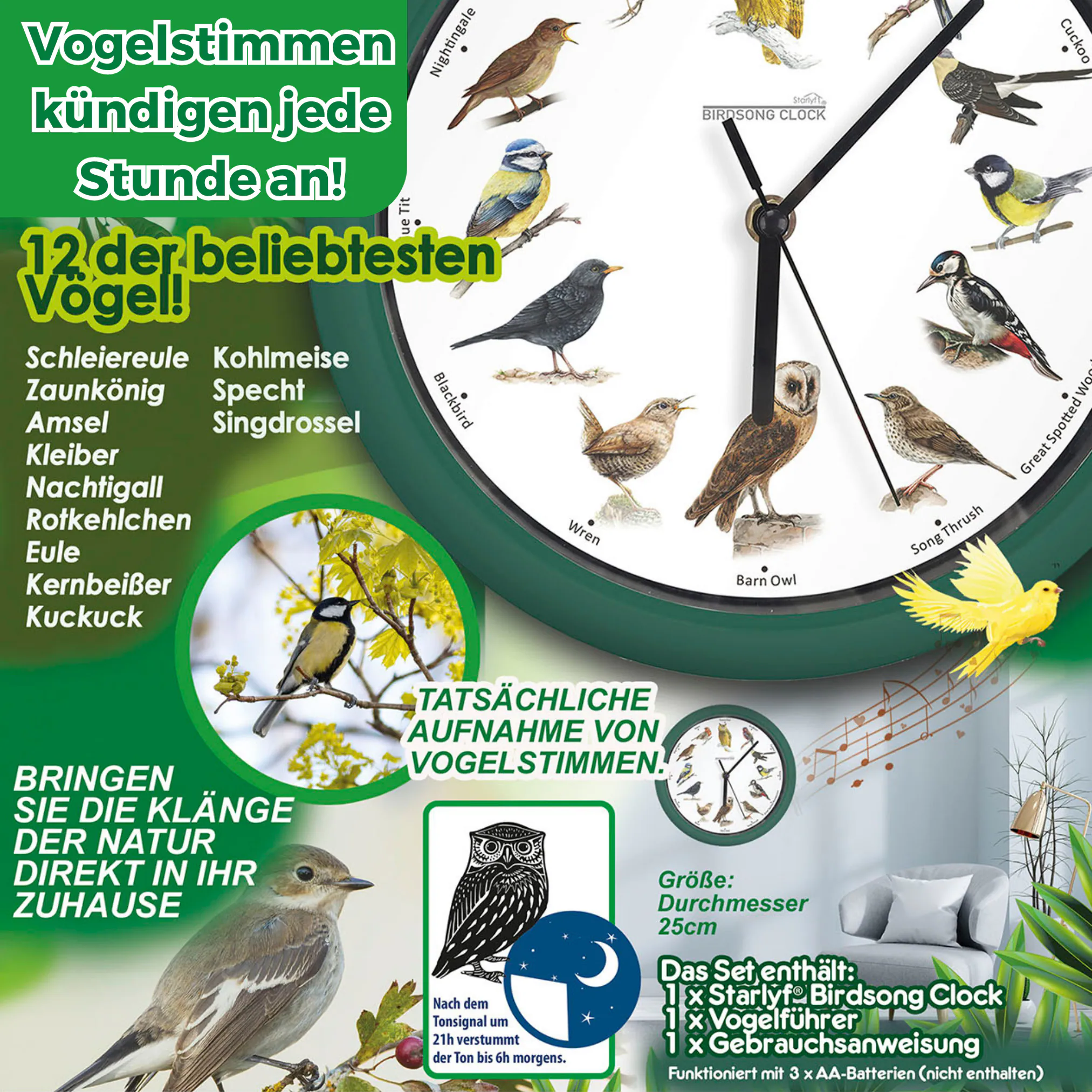 Starlyf® Wanduhr - Uhr mit natürlichen Vogelstimmen Birdsong Clock