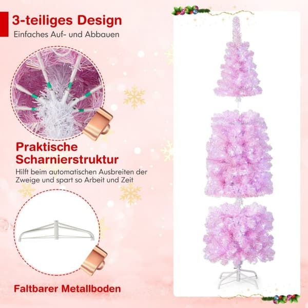 180 cm kunstblyant juletre med 250 kule hvite lysdioder Slim juletre rosa