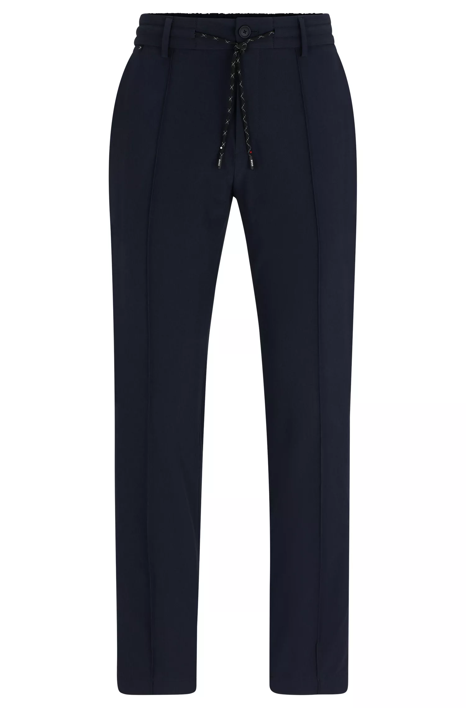 Calça BOSS preta, corte slim, em tecido bi-elástico.