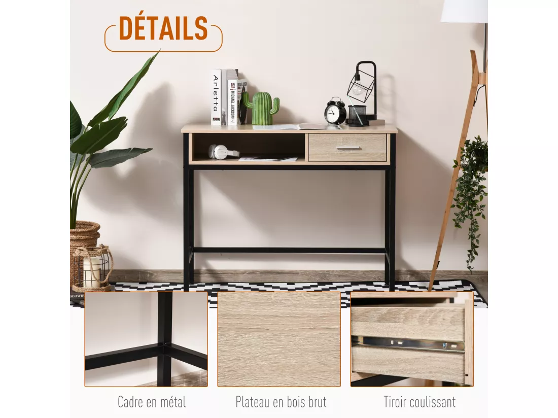 Bureau style industriel casier + tiroir coulissant châssis métal noir plateau panneaux particules chêne clair