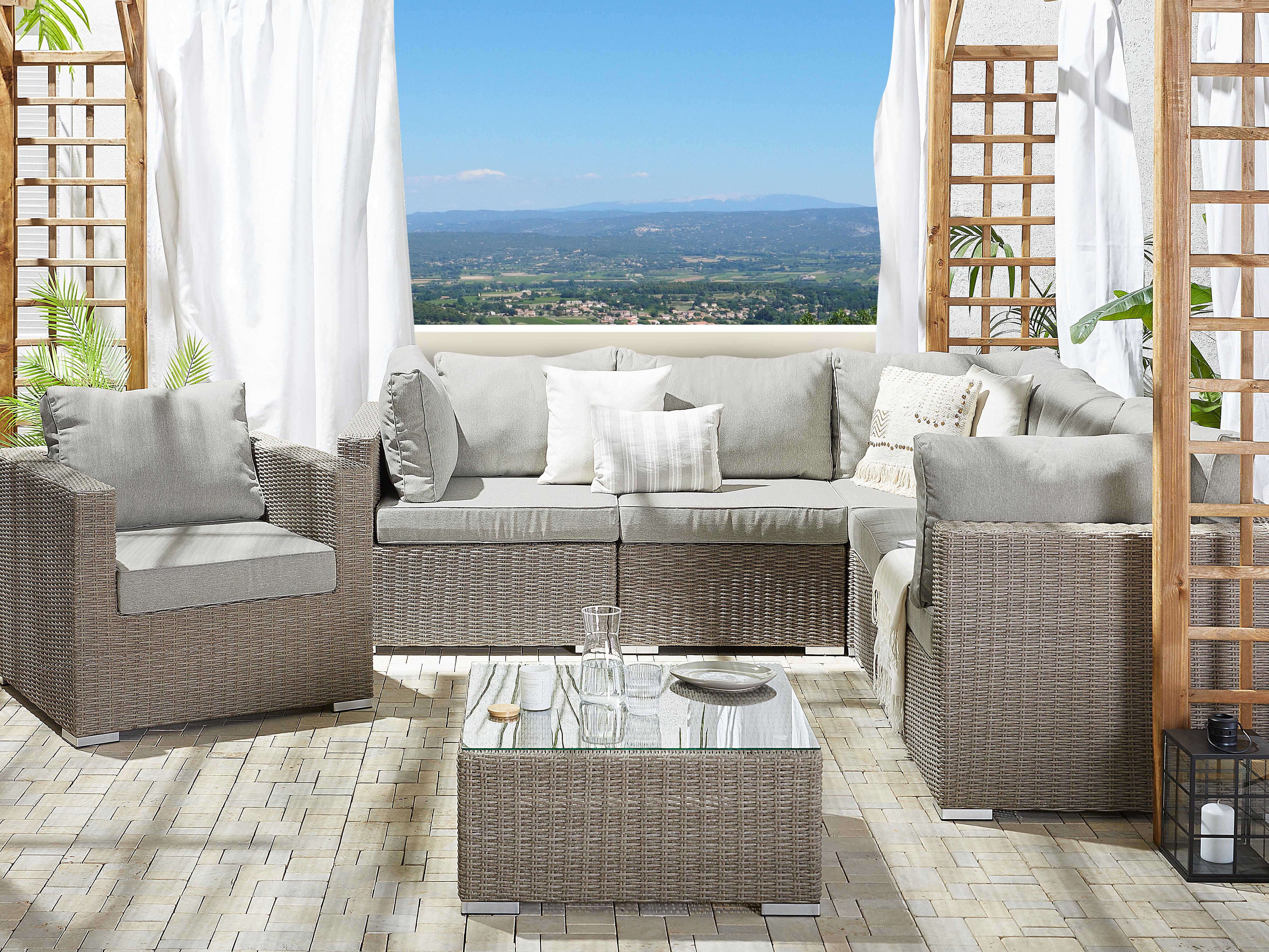 Loungeset met tafel 6-zits CONTARE rechtszijdig modulair PE rotan Taupe