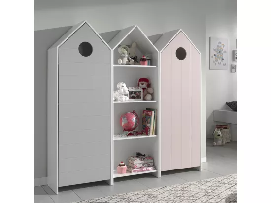 HAVRE - Pack Bibliothèque + 2 Armoires Rose et Grise