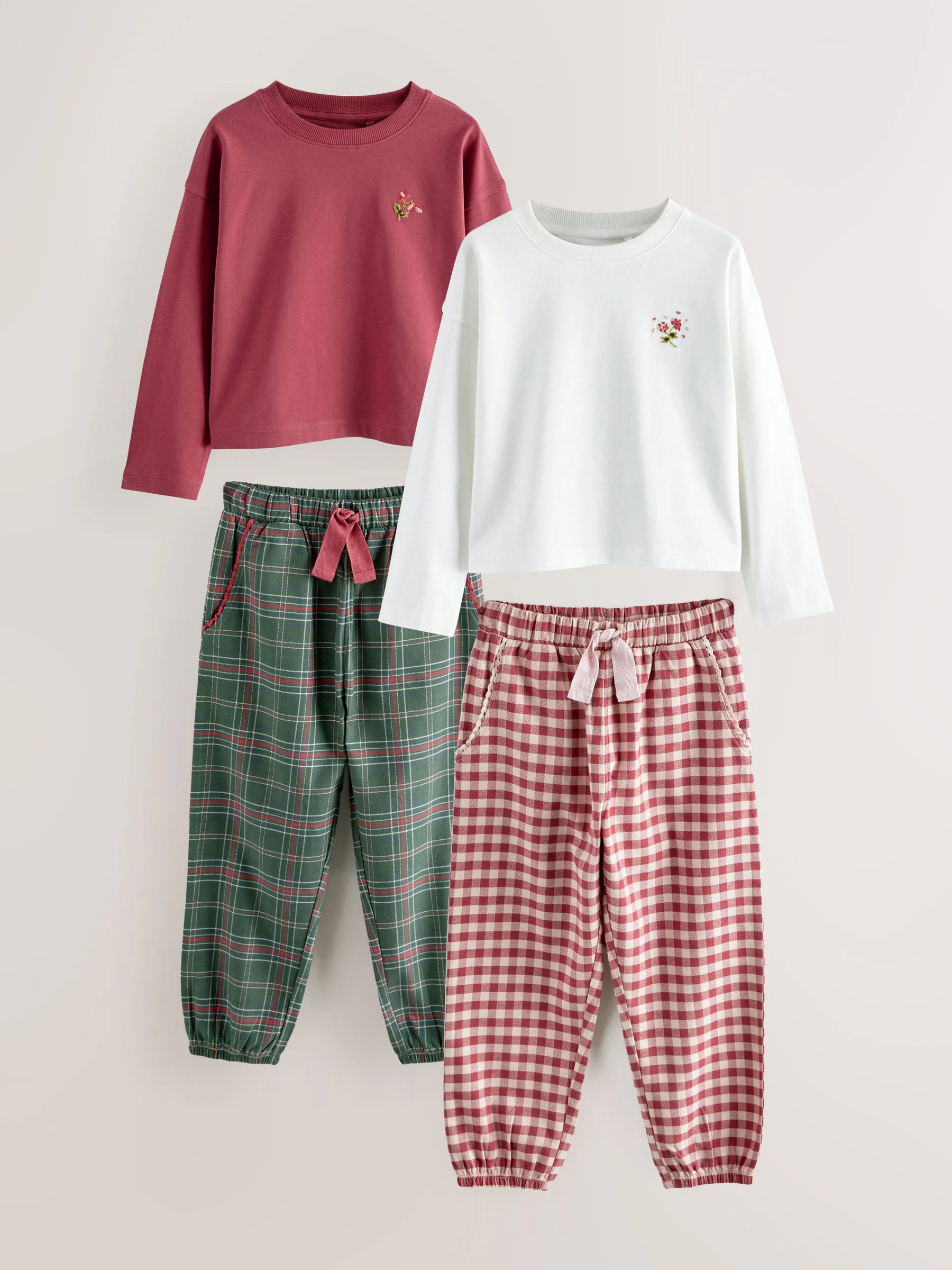 Rood/groen - Set van 2 ruit pyjama's met geweven onderkant (3-16jr)