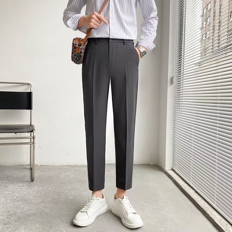 Lingaris - Mid Rise Plain Cropped Straight Leg Dress Pants