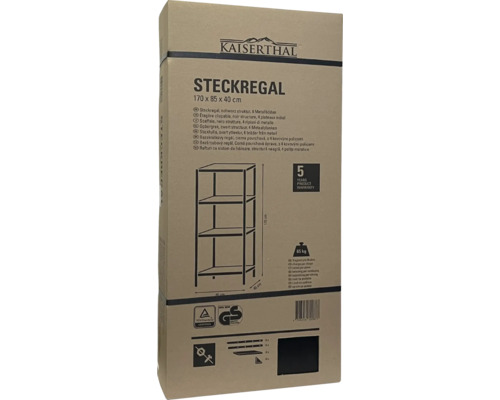 Kaiserthal wandrek, zwarte structuurlak, 170x85x40 cm, 4 legplanken, draagvermogen 260 kg
