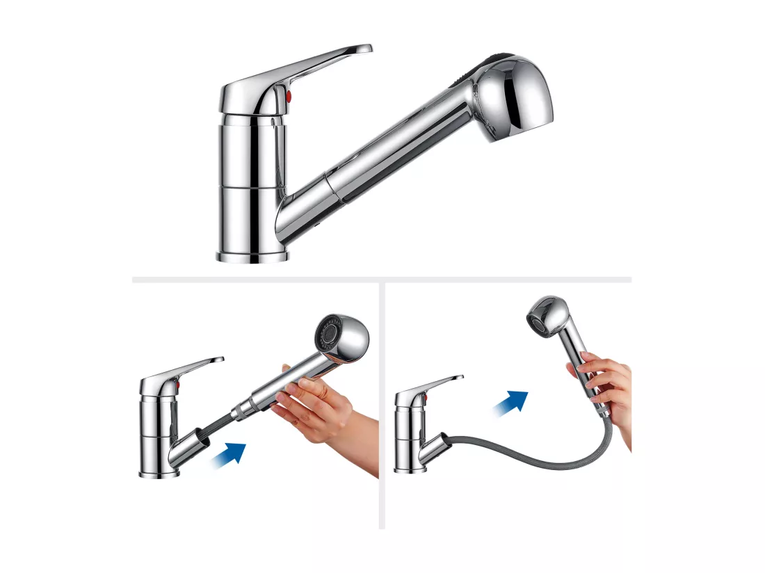 AuraLum Max Robinet Cuisine avec Douchette Extractible 2 Jets Mitigeur Evier en Inox Chromé Pivotant 360° Robinetterie Eau Froide/Chaude,EU Modèle