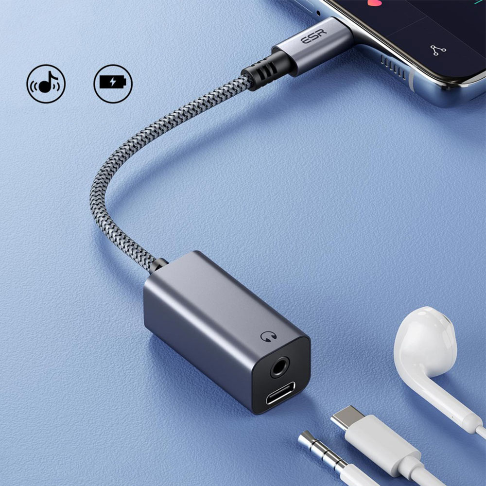 (10cm) USB C (m) auf 3.5mm Kopfhöreranschluss und USB C Port (w) Nylon Kabel mit Power Delivery (PD 2.0) - Grau