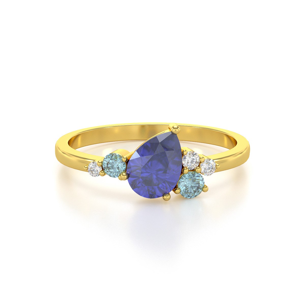 Bague ADEN Or 585 Jaune Tanzanite Aigue-Marine et diamants 2.296grs