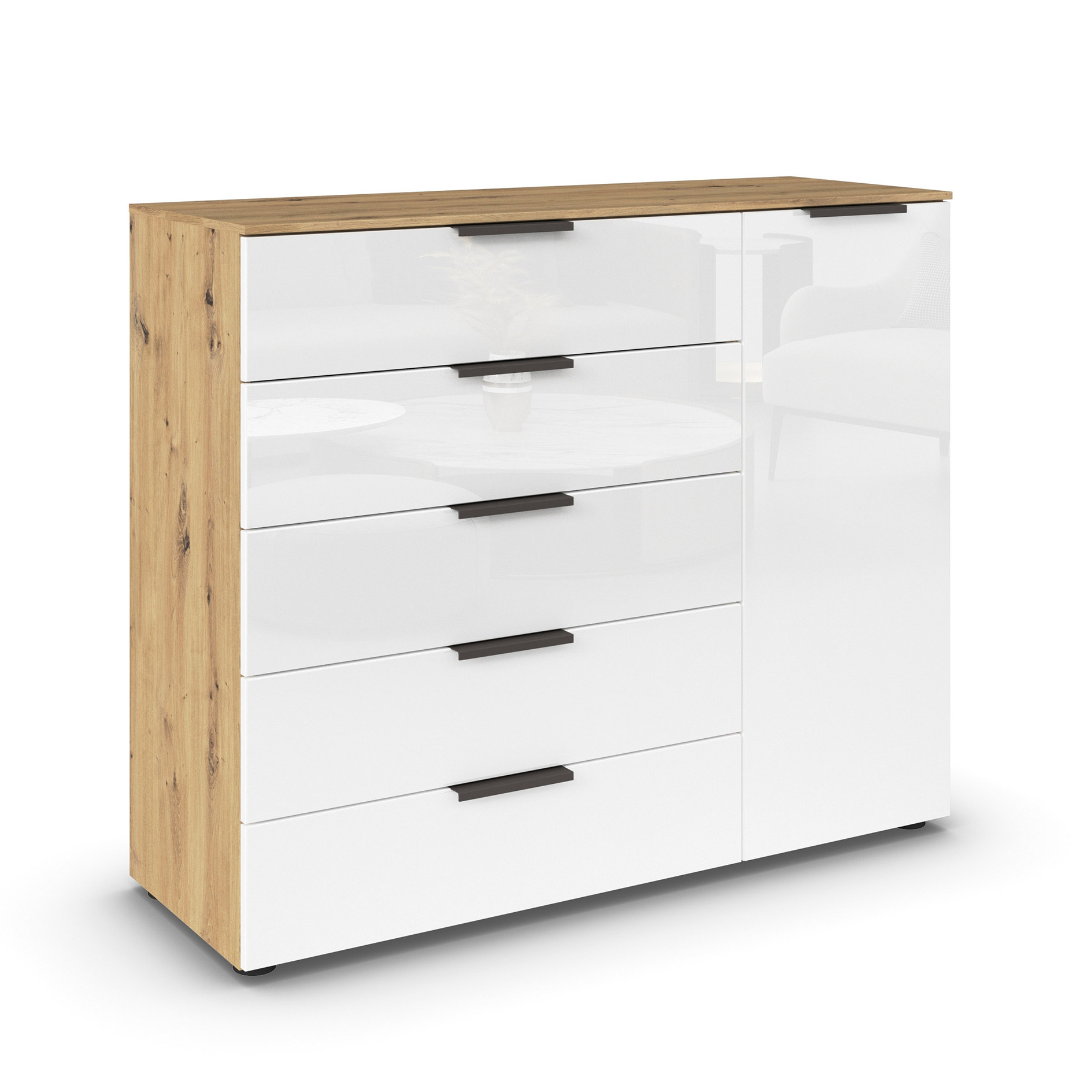 Kommode - Artisan Eiche-Kristallweißglas - Graphitgriffe - 120 cm