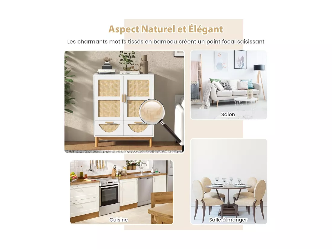Buffet de Cuisine, Armoire Cuisine 2 Portes Tressées en Bambou, 2 Tiroirs, Étagère Réglable, Design Cannage, Kits Anti-Renversement, Vaisselier Armoire Cannage, Bohème, 80 x 35 x 98 cm
