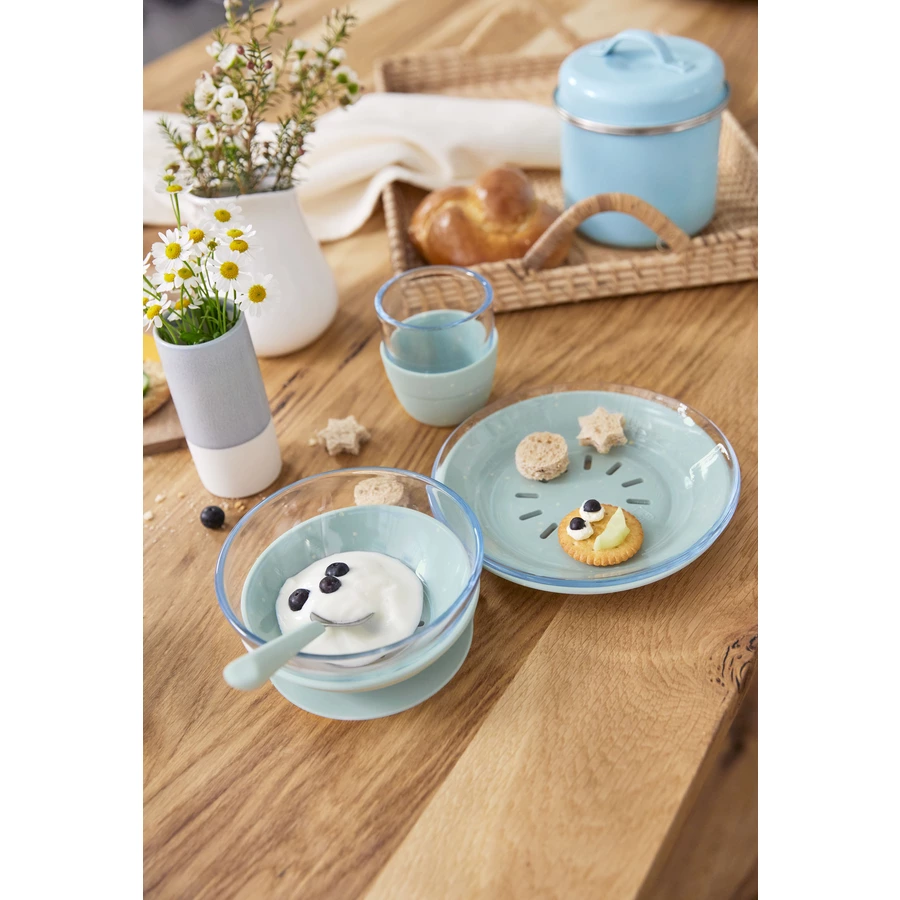 LÄSSIG Esslernset aus Glas und Silikon blue