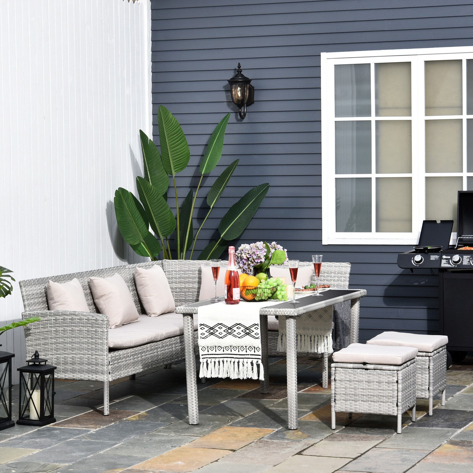 Outsunny Rattan Sitzgruppe mit Tisch grau, cremeweiß