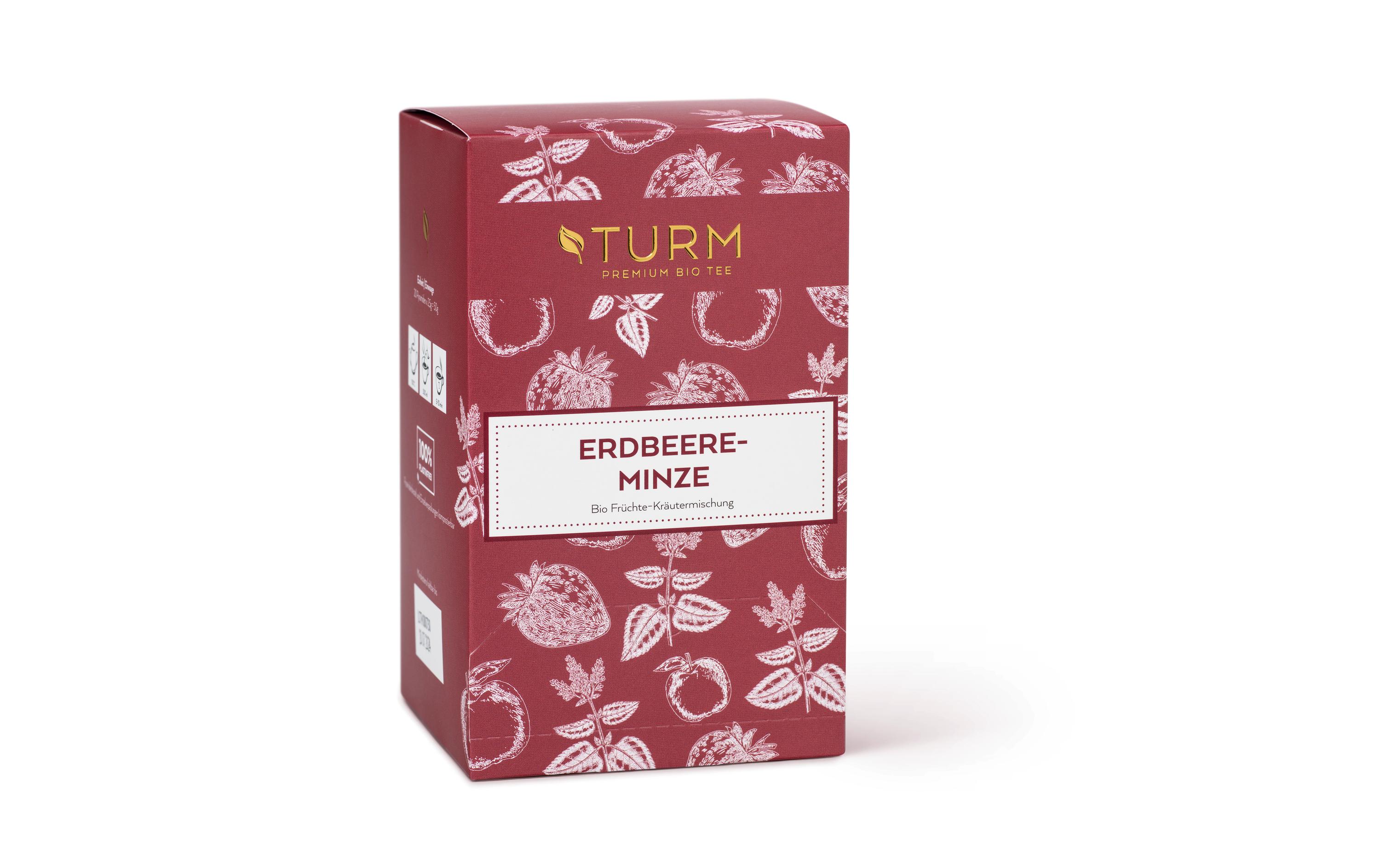 Teebeutel Bio Erdbeere-Minze Früchte-Kräutertee 20 StückPyramidenbeutel mit Früchte- und Kräuterteemischung mit Erdbeere-Minze-Geschmack
