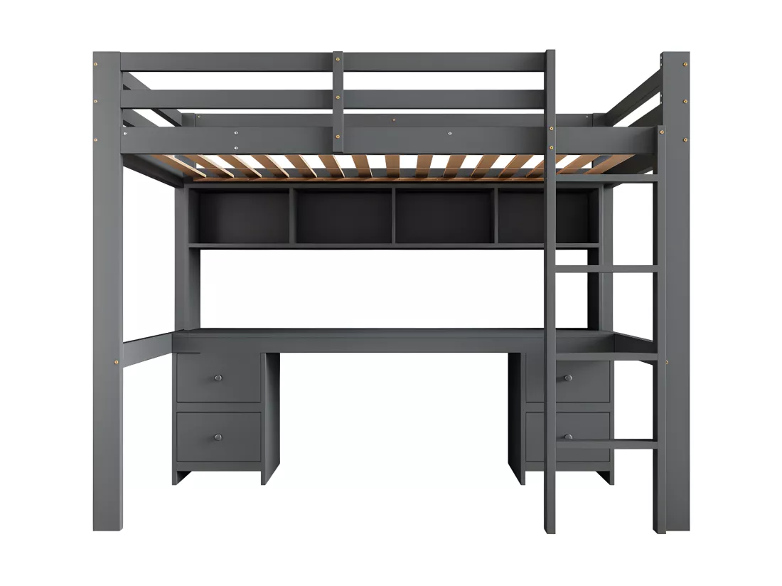 Lit mezzanine 90x200cm - avec bureau et 2 commodes - en pin massif et MDF - Gris