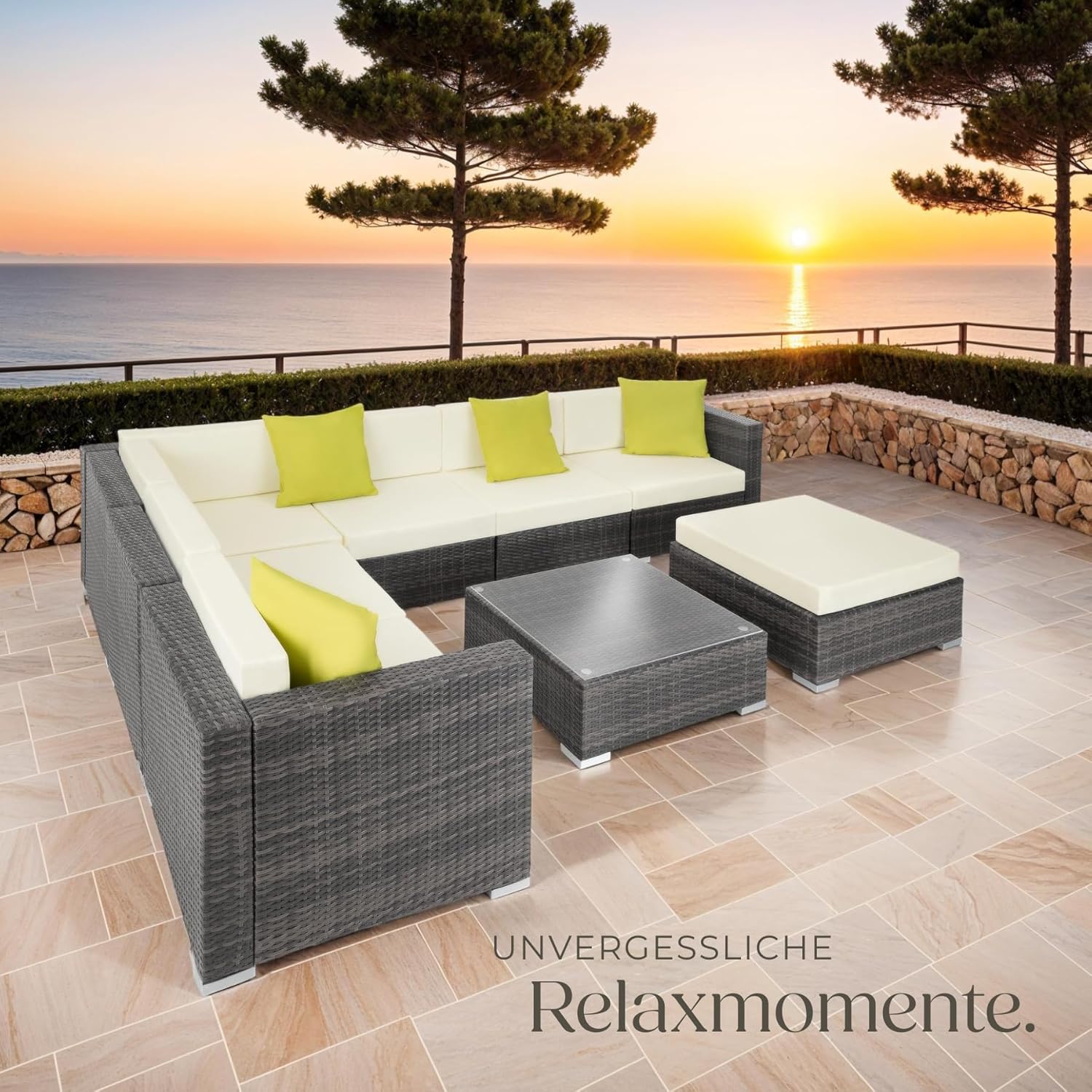 tectake® Poly Rattan Lounge, Garten Loungemöbel Set für 6 Personen, große Sitzgruppe mit L-Form Sofa und Esstisch Outdoor, Gartenmöbel wetterfest, Terrassenmöbel inkl. Hocker und Kissen - grau