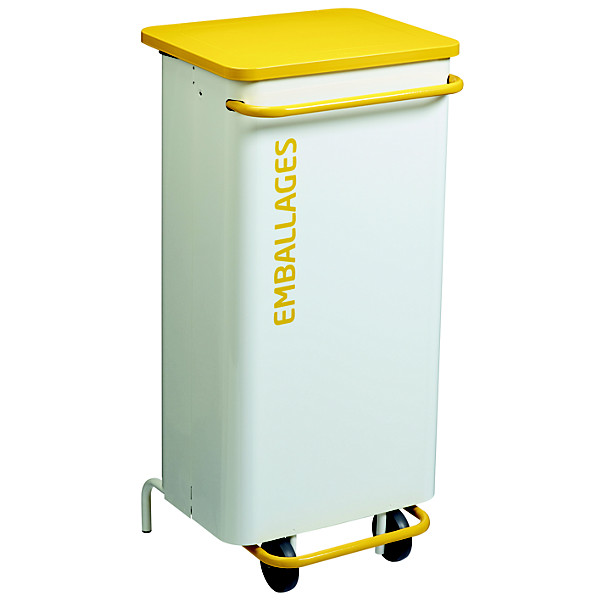 Poubelle de tri mobile à pédale avec frein de chute du couvercle nomade - 110 L - emballages - blanc signalisation 9016 / jaune colza