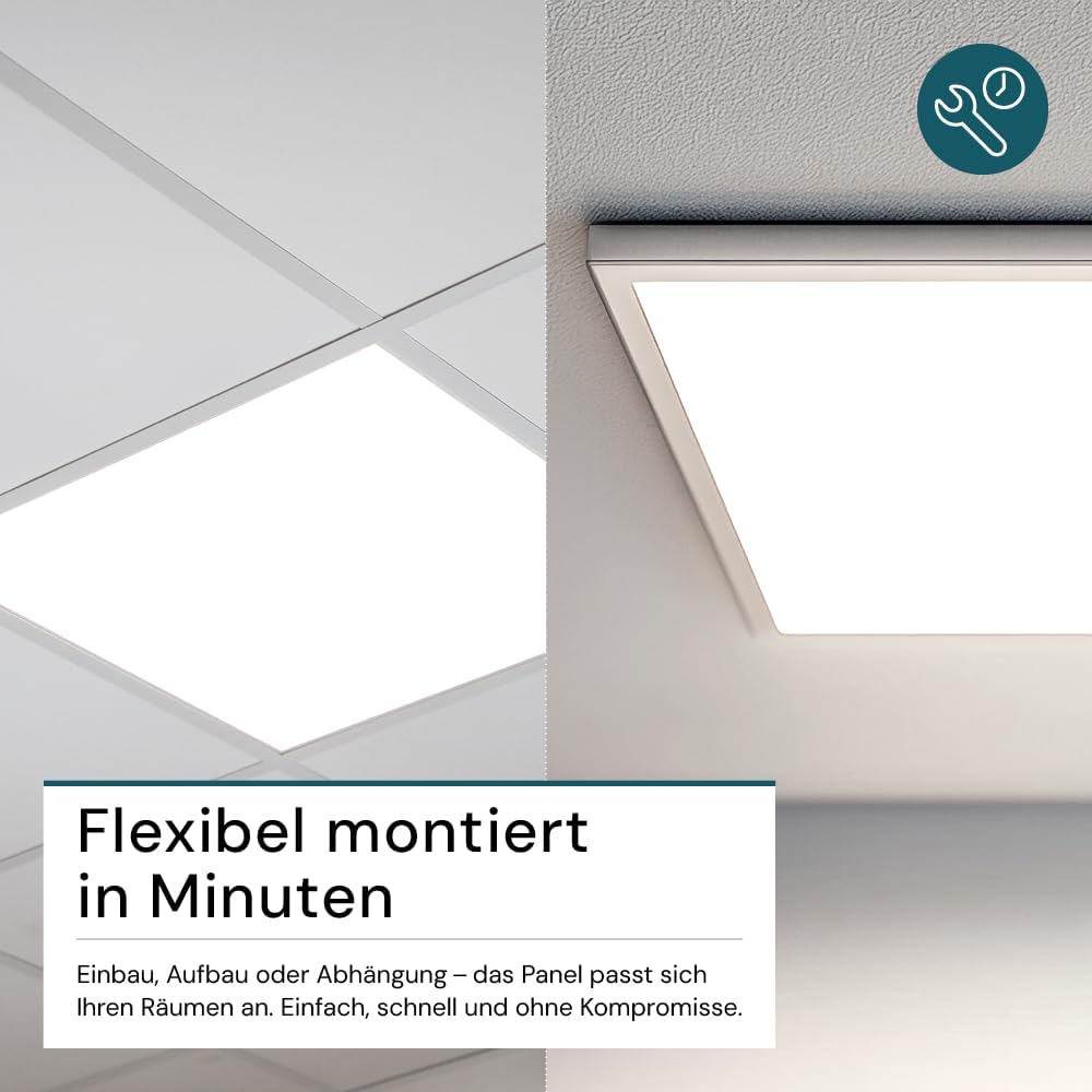 LED Panel, Deckenleuchte, 62x62cm, 3600lm, 4000K, 36W, inkl. Trafo, Rasterleuchten, Einlegeleuchte, Büroleuchten (mit Aufbaurahmen, 6 Stück)