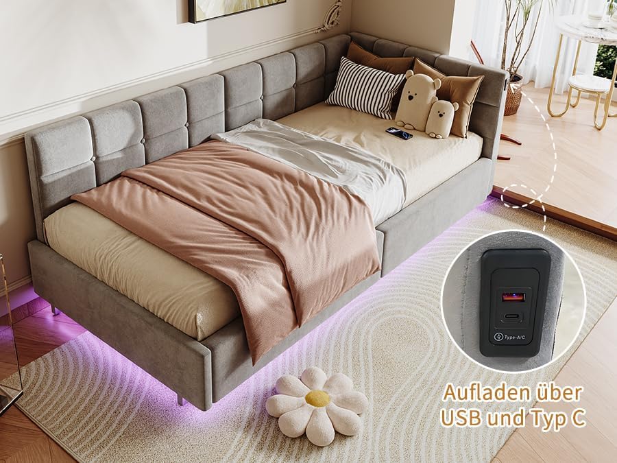 Polsterbett Schlafsofa 90 x 200 cm mit LED und USB, Jugendbett Multifunktionsbett mit Hydraulischer Stauraum und Bettkasten, Schlafsofa Einzelbett Sofa-Bett mit Lattenrost, Daybett Tagesbett (Grau)