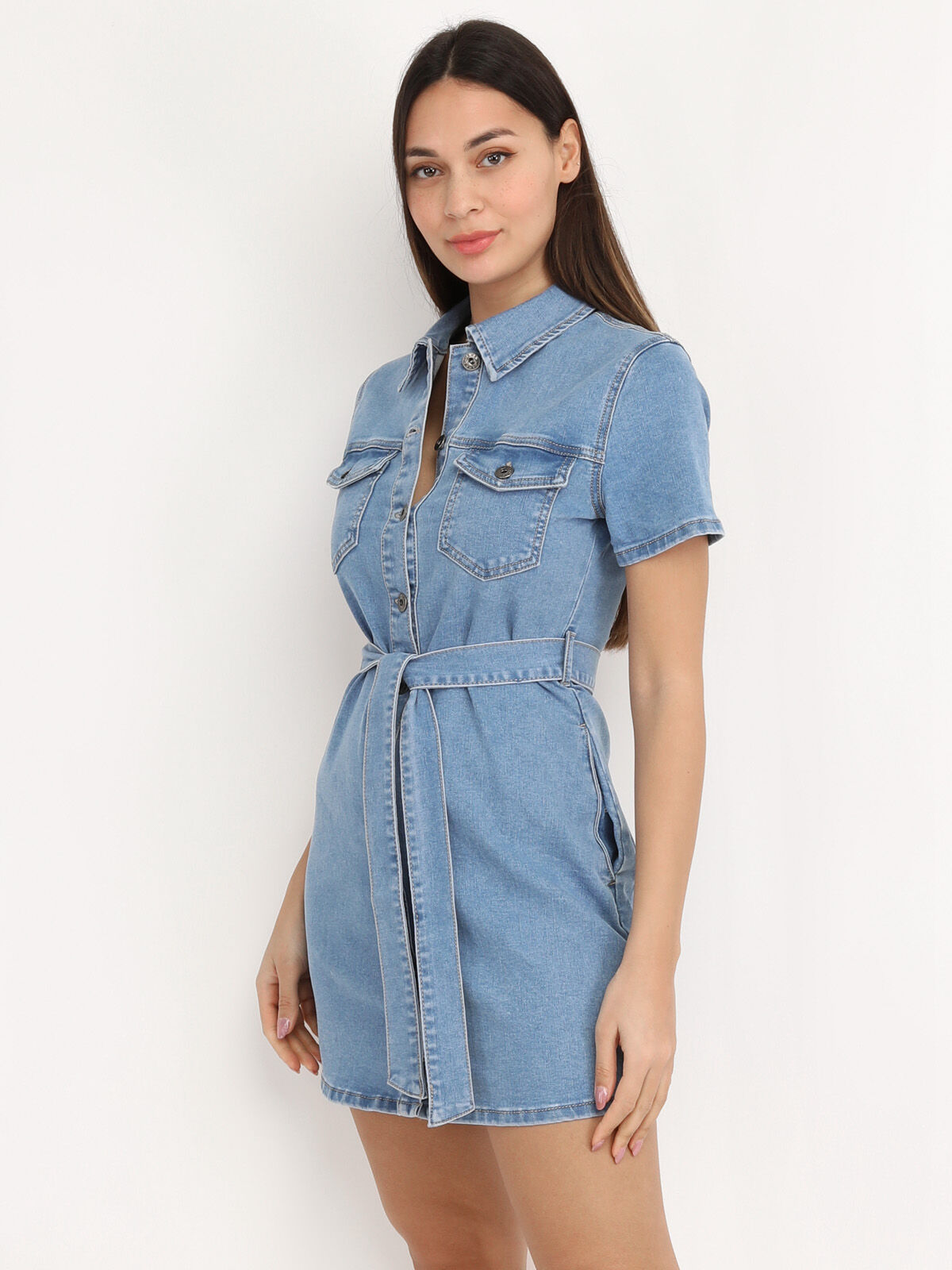 Robe chemise denim ceinturée- Bleu