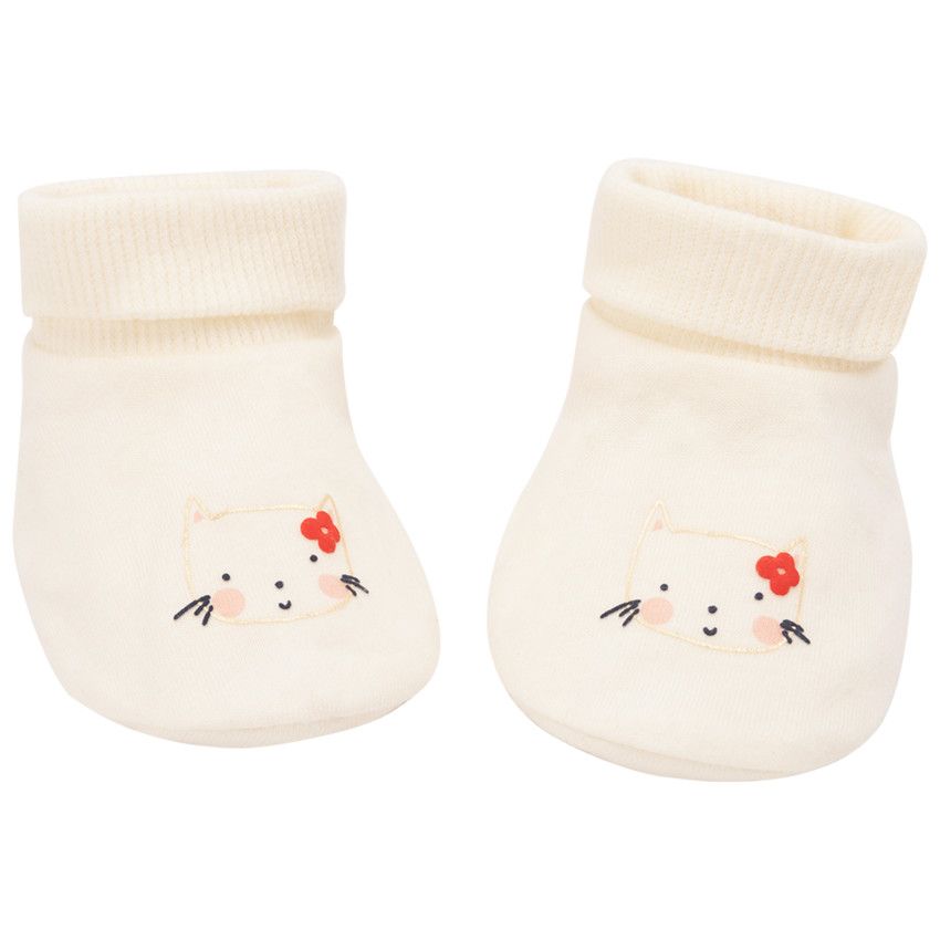 Chaussons en jersey print chat pour bébé fille - Ecru